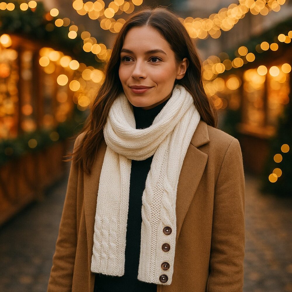 Aimee Lynn Ivory Button-Hem Knit Scarf — One Size — RN 95304